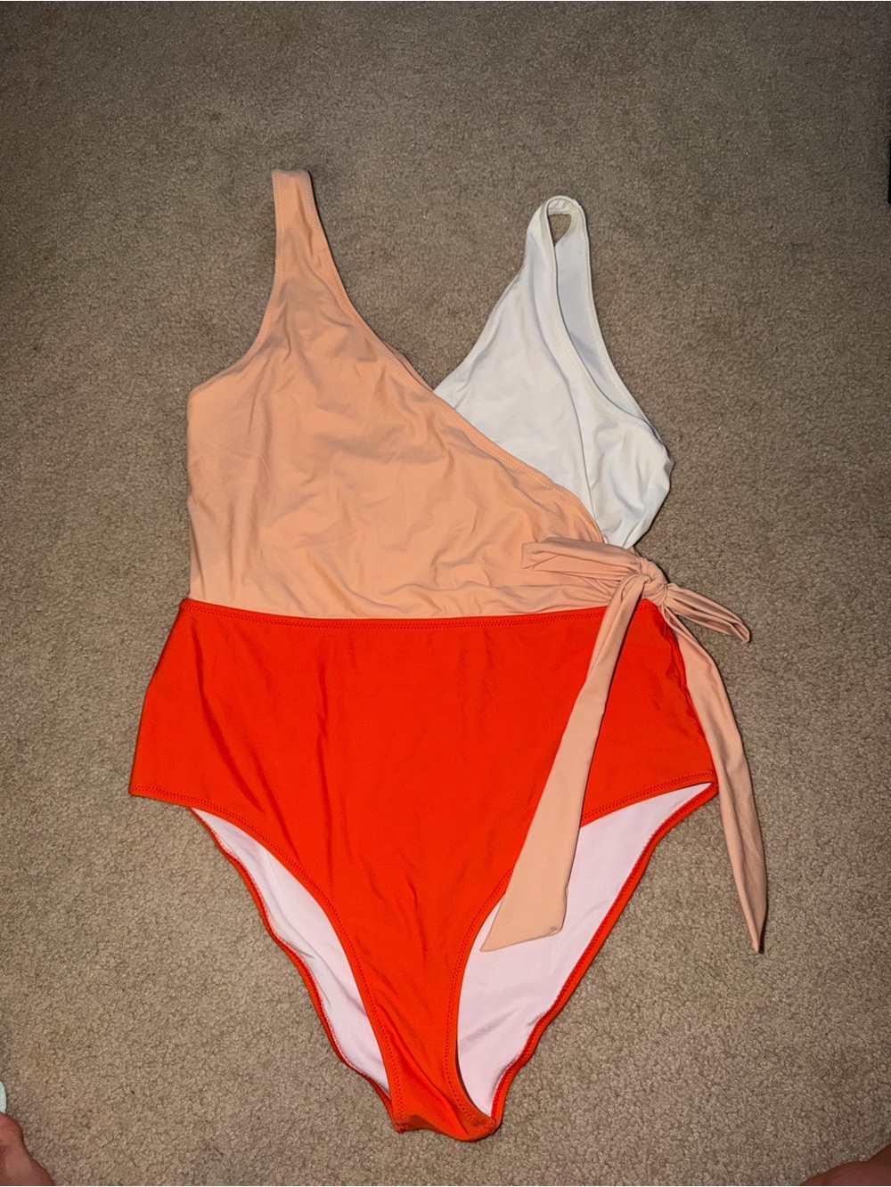 Colorblock One-Shoulder Tie Waist Swimsuit - Peach, White & Bright Orange